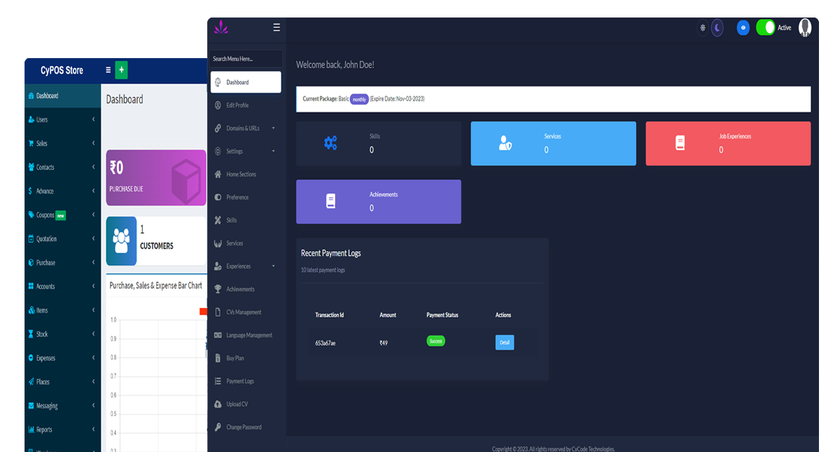 Two screenshots of the CyCode Dashboard user interface