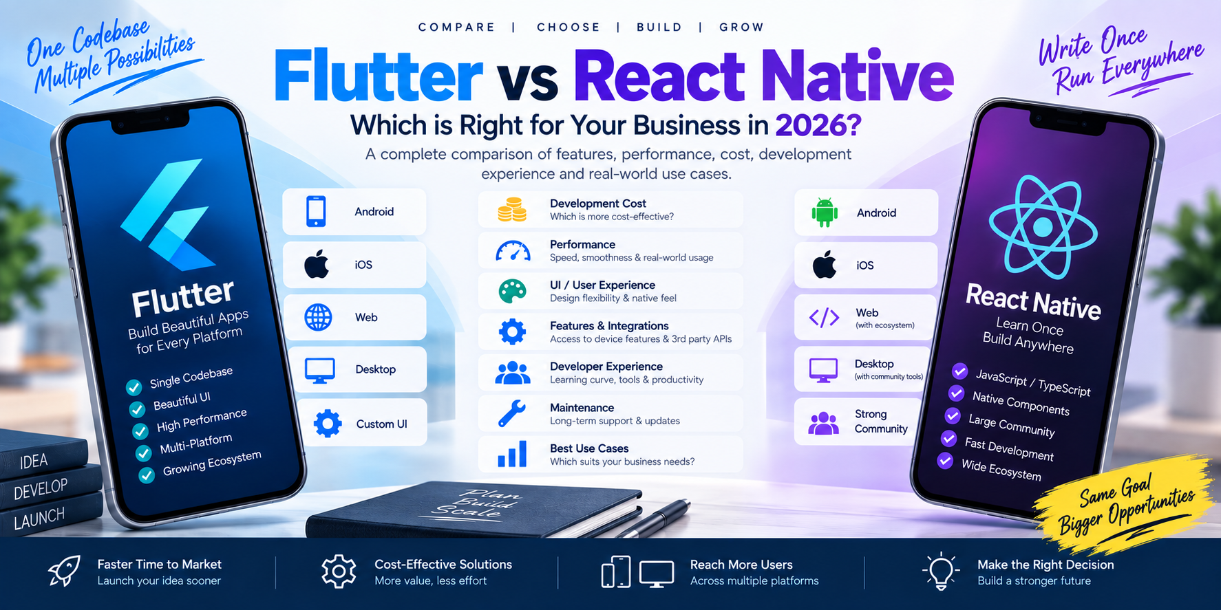 Compare Flutter vs React Native in 2026. Explore performance, UI, development cost, code sharing, integrations, maintenance and business use cases.c