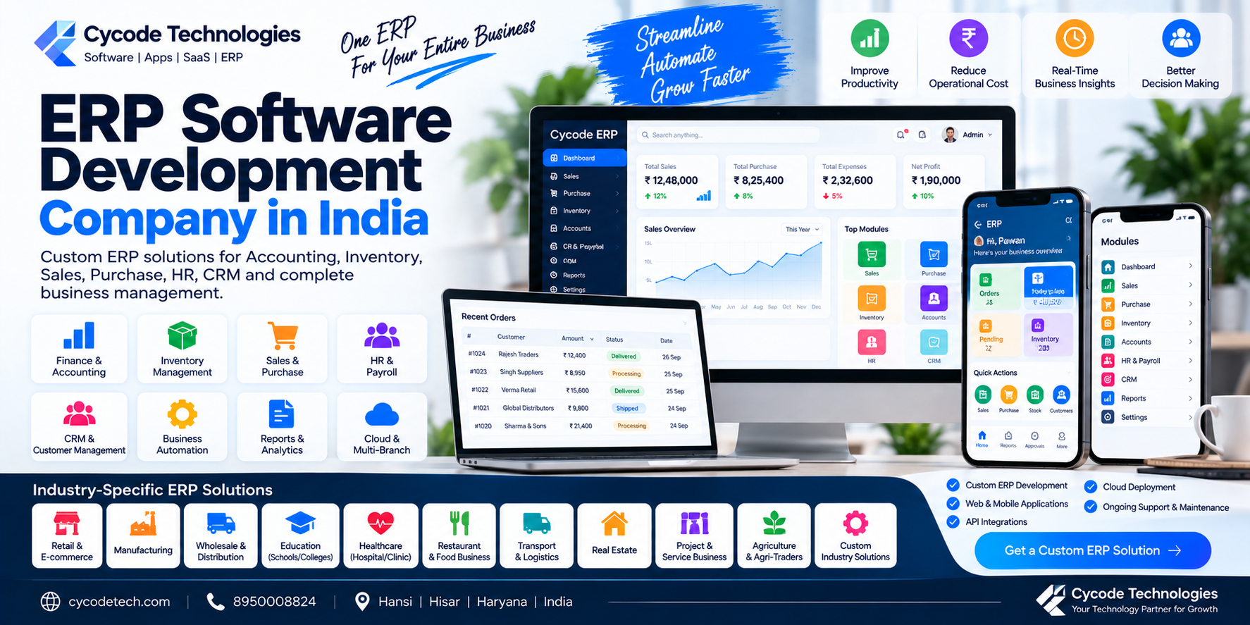 Looking for an ERP software development company in India? Cycode Technologies develops custom ERP solutions for accounting, inventory, sales, HR, CRM, manufacturing, transport, education and growing businesses.