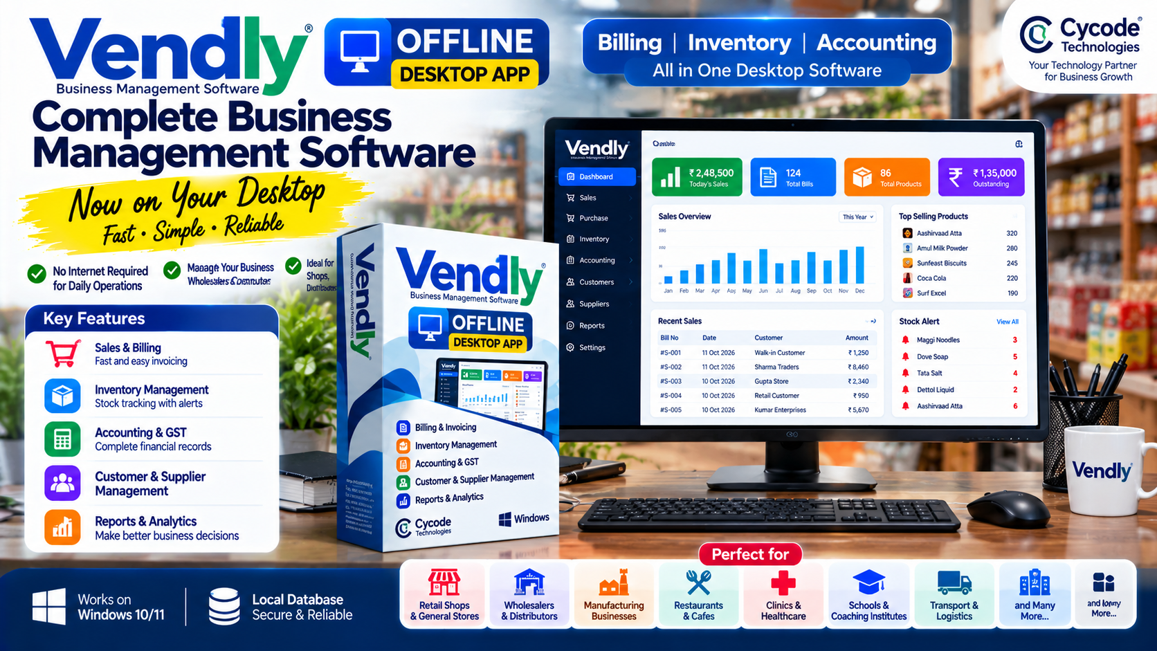 Vendly Offline Desktop Software for Billing & Inventory

Meta Description: Discover Vendly Offline Desktop App, a desktop-based business software solution for billing, inventory and accounting. Manage daily business operations locally with Vendly.