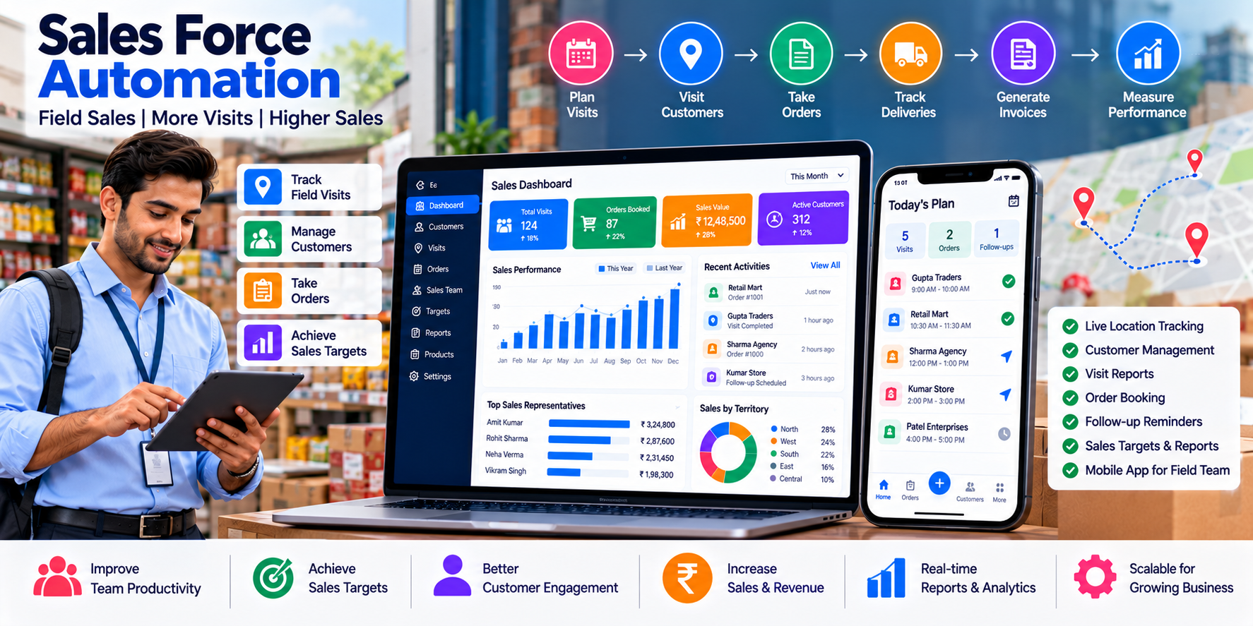 Discover how sales force automation software helps businesses manage field sales, customer visits, sales targets, follow-ups, reporting and team productivity.